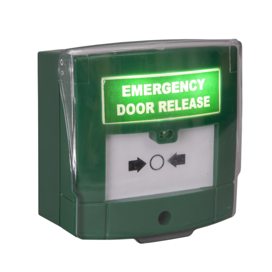 ASEC Emergency Resettable Door Release Double Pole Green With Cover Buzzer And Illuminated LED - Click Image to Close