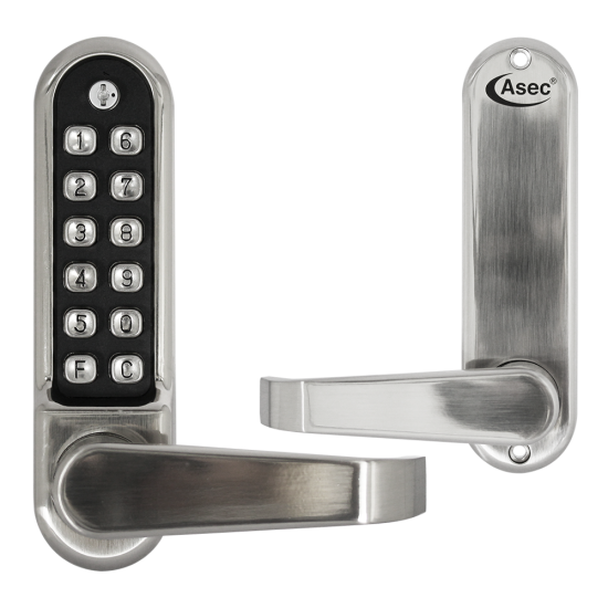 ASEC AS4300 Series Lever Operated Easy Code Change Digital Lock With Optional Free Passage No Latch AS4306 Stainless Steel - Click Image to Close