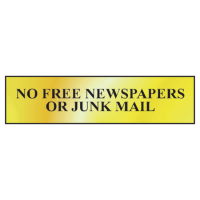 ASEC `No Free Newspapers or Junk Mail` 200mm x 50mm Metal Strip Self Adhesive Sign Gold Gold