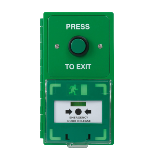 ICS Dual Unit MCP110 Call Point With Green Stainless Steel Exit Button Vertical DBB-H-08-110-V - Click Image to Close