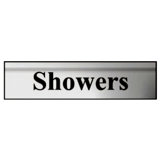ASEC `Showers` 200mm X 50mm Silver Self Adhesive Sign Silver - Click Image to Close