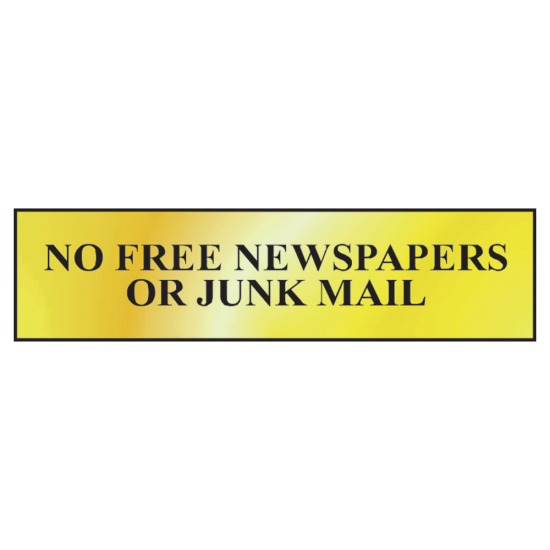 ASEC `No Free Newspapers or Junk Mail` 200mm x 50mm Metal Strip Self Adhesive Sign Gold Gold - Click Image to Close