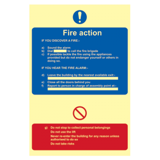 ASEC Photoluminescent Fire Action Procedure Sign 200mm x 300mm 200mm x 300mm - Click Image to Close