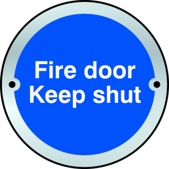 ASEC `Fire door Keep shut` Disc Sign 75mm Satin Anodised Aluminium - Click Image to Close