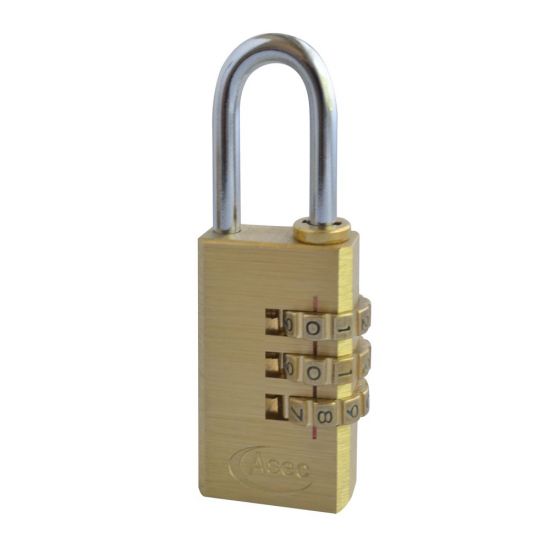 ASEC Brass Open Shackle Combination Padlock 20mm 3 Wheel Visi - Click Image to Close