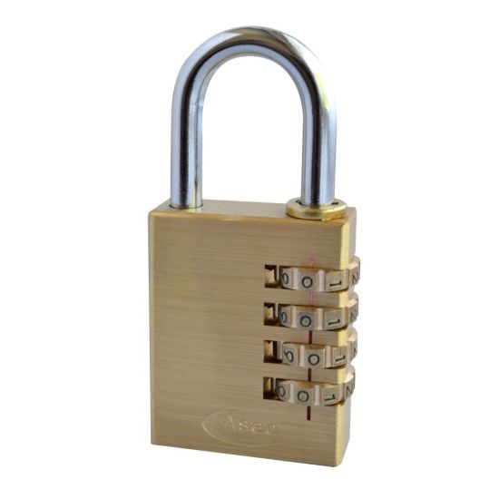ASEC Brass Open Shackle Combination Padlock 40mm 4 Wheel Visi - Click Image to Close