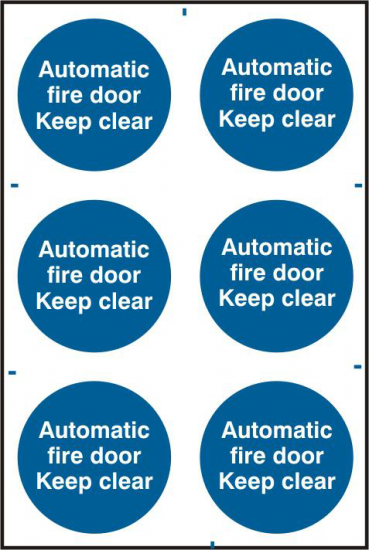 ASEC `Automatic Fire Door Keep Clear` 200mm x 300mm PVC Self Adhesive Sign 6 Per Sheet - Click Image to Close