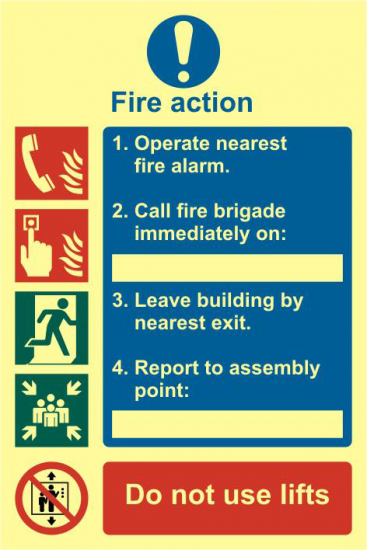 ASEC Fire Action Procedure 200mm x 300mm PVC Self Adhesive Photo luminescent Sign 1 Per Sheet - Click Image to Close
