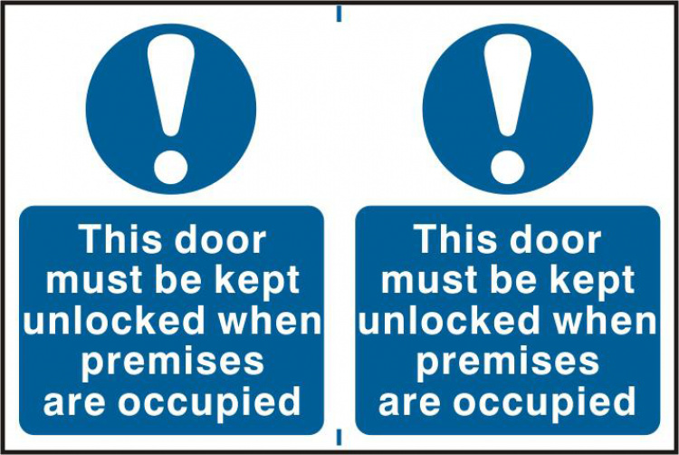 ASEC `This Door Must Be Kept Unlocked When Premises Are Occupied` 200mm x 300mm PVC Self Adhesive Sign 2 Per Sheet - Click Image to Close