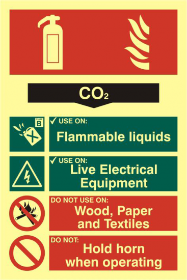 ASEC Fire Extinguisher 200mm x 300mm PVC Self Adhesive Photo luminescent Sign CO2 - Click Image to Close