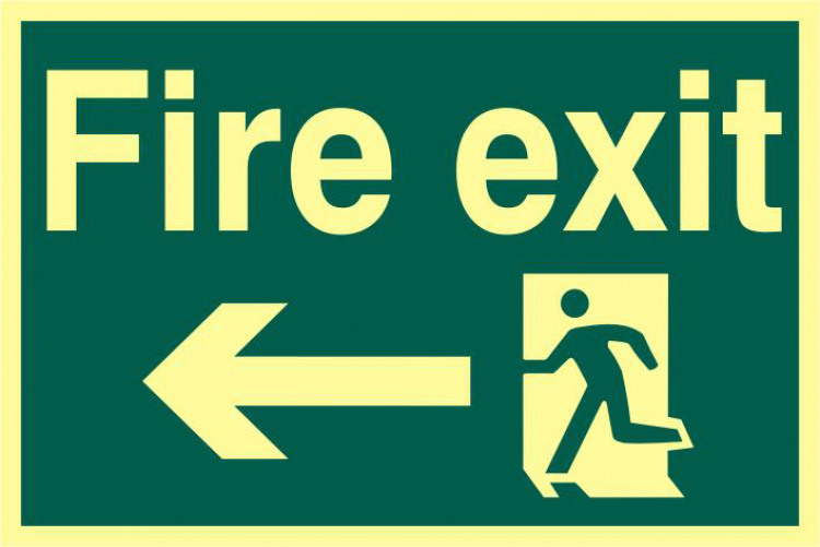 ASEC `Fire Exit` 200mm x 300mm PVC Self Adhesive Photo luminescent Sign Left - Click Image to Close