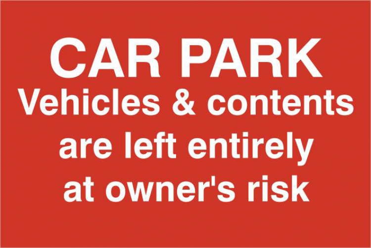 ASEC `Car Par Vehicles & Contents Left entirely At Owners Risk` 200mm x 300mm PVC Self Adhesive Sign 1 Per Sheet - Click Image to Close