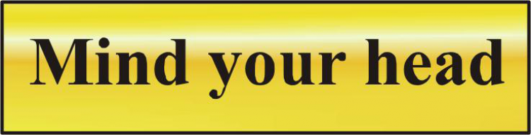 ASEC `Mind Your Head` 200mm x 50mm Gold Self Adhesive Sign 1 Per Sheet - Click Image to Close